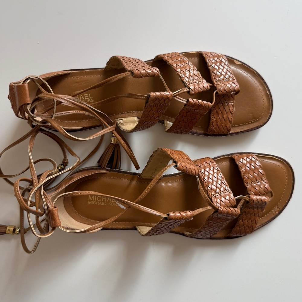 Michael Kors Camel Tie Ankle Wrap Braided Sandal Cognac 8.5 Women’s Braided - Picture 4 of 10